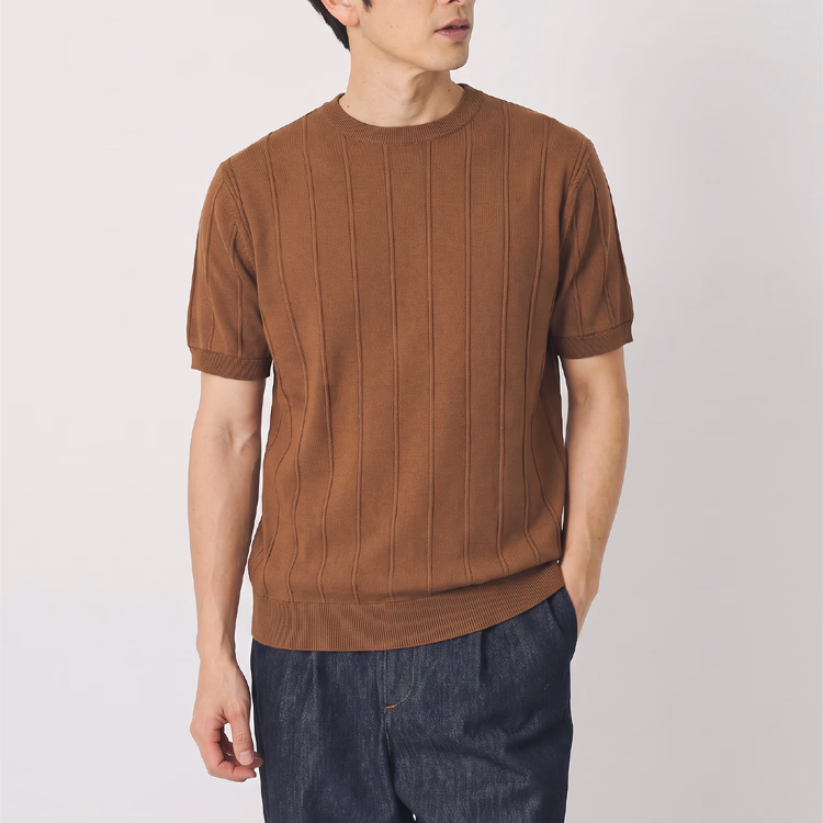 メンズ 縦畝ニット クルーネック半袖 レギュラーフィット ビジネス通勤 上質なニットTシャツ