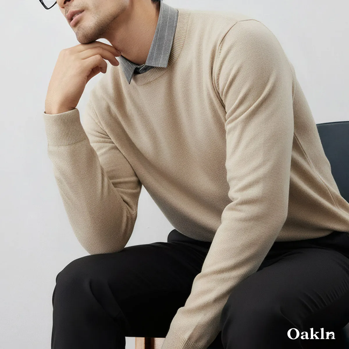 重ね着不要 フェイクレイヤード クルーネック ニット ボーダー襟