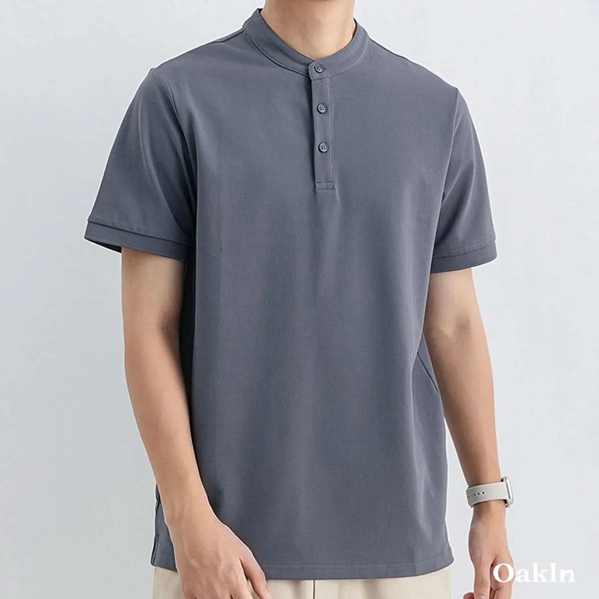 高混率コットンヘンリーネック半袖 ハリ感 通気性 ビジネスカジュアルスタイル-Oakln