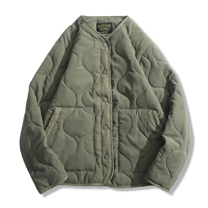 ピーチスキンノーカラー　中綿キルティングジャケット-oakln