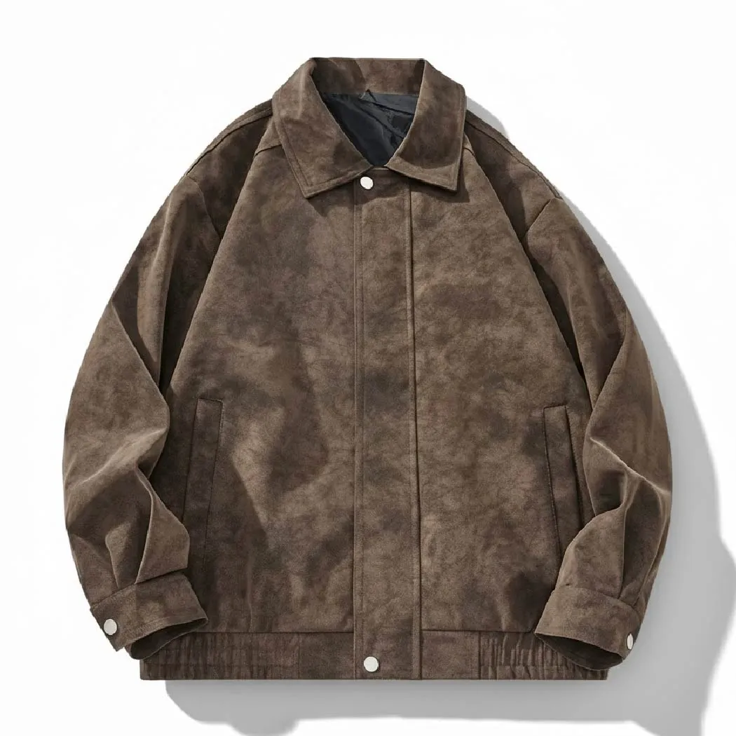 スイングトップ メンズ スエード調 ムラ感 ヴィンテージ加工 レトロ 折り襟 ジャケットアウター 比隠し前立て 春秋向け 軽アウター 大人　洗練されたスタイル-Oakln
