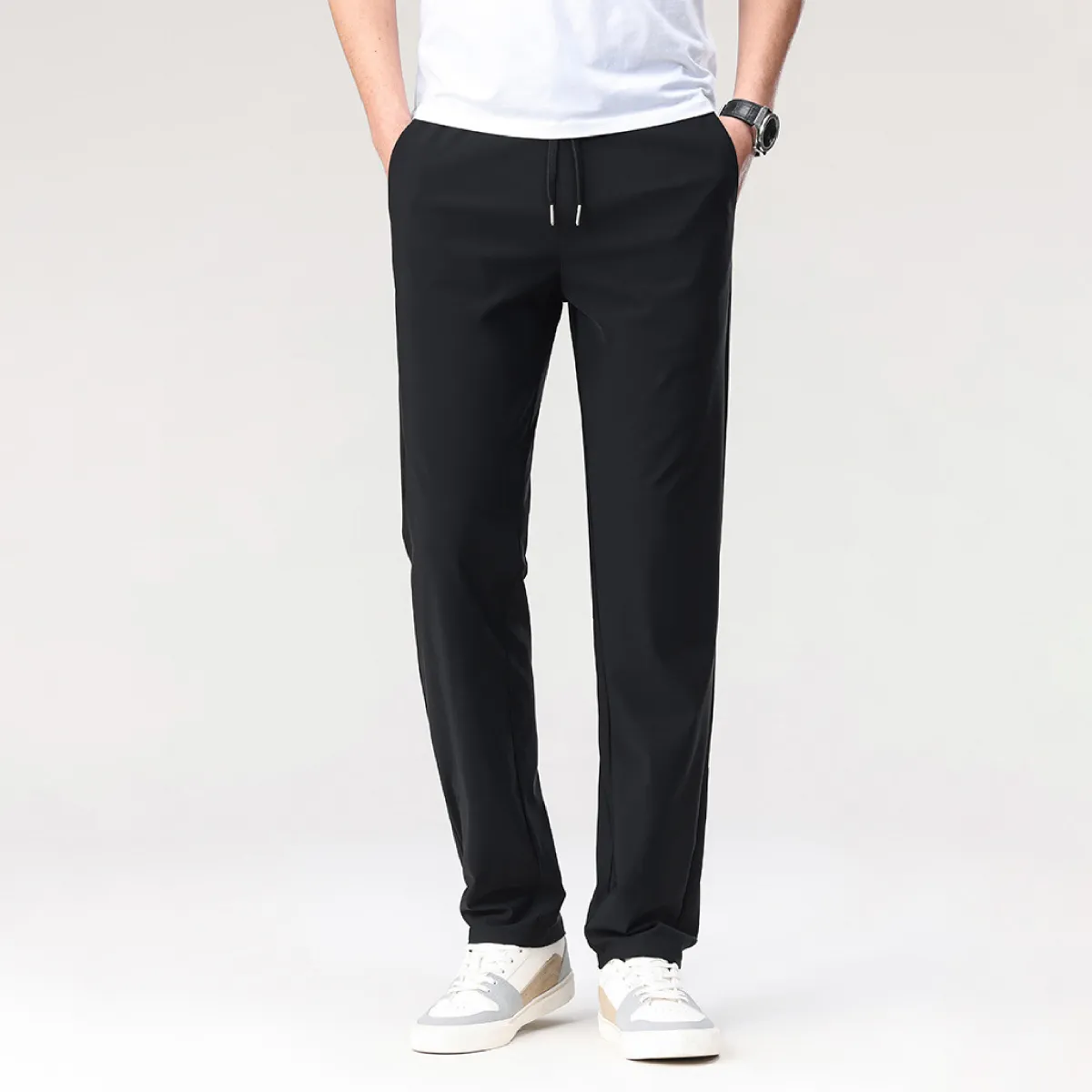 接触冷感 高伸縮 メンズ ドローストリング付き機能性通勤パンツ