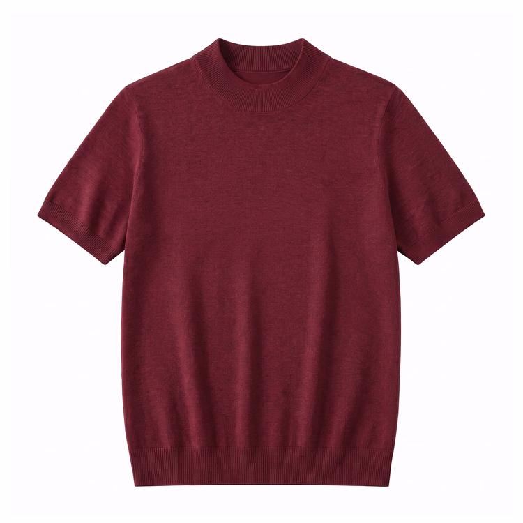 冷房対策　上品なモックネックニットTシャツ 　洗濯ネット使用で洗濯機洗い可 　型崩れしにくい
