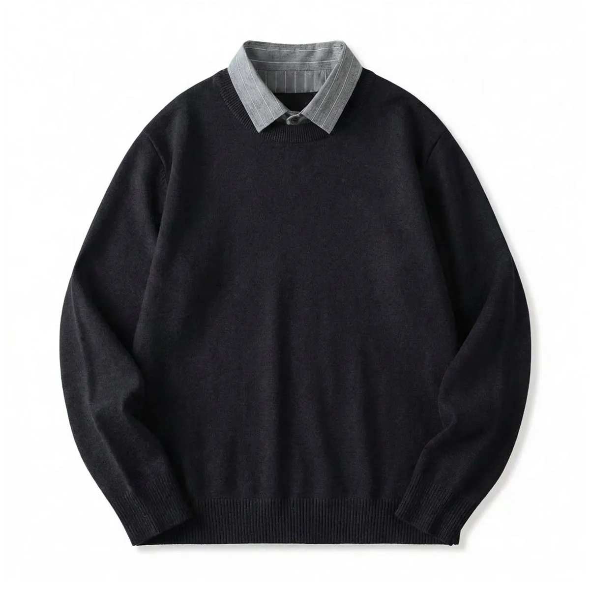 重ね着不要 フェイクレイヤード クルーネック ニット ボーダー襟-Oakln
