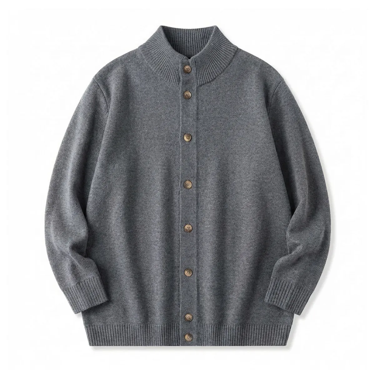 ハイネックニットカーディガン ウール混 伸縮性あり リブ袖 柔らかい