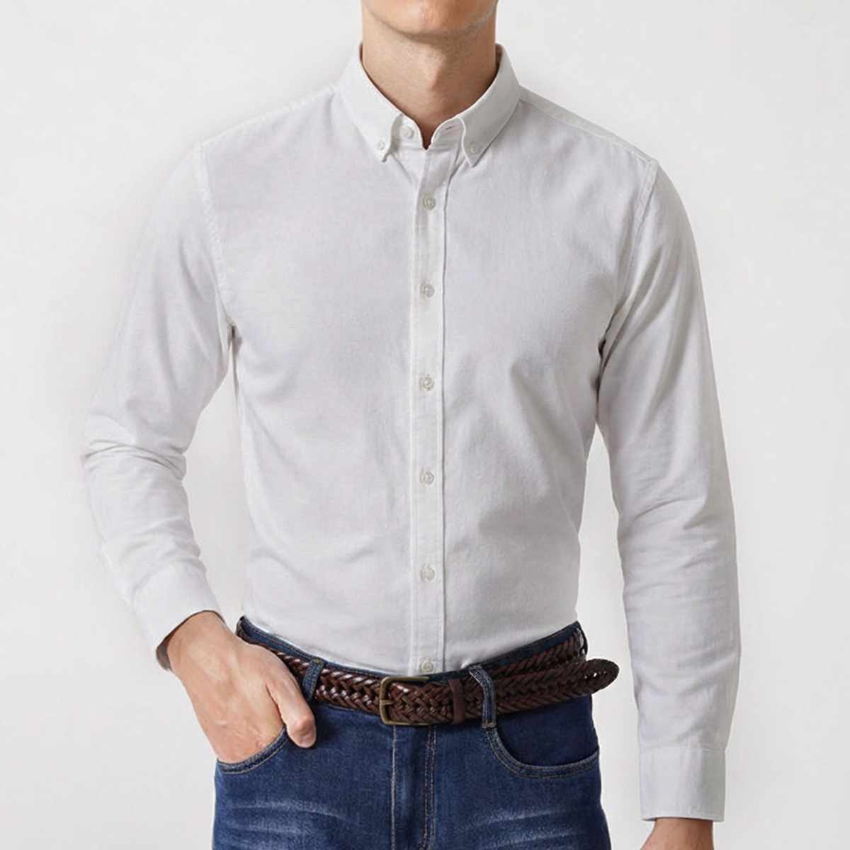 コットン100％ 超長綿 両面起毛 オックスフォード長袖シャツ-Oakln