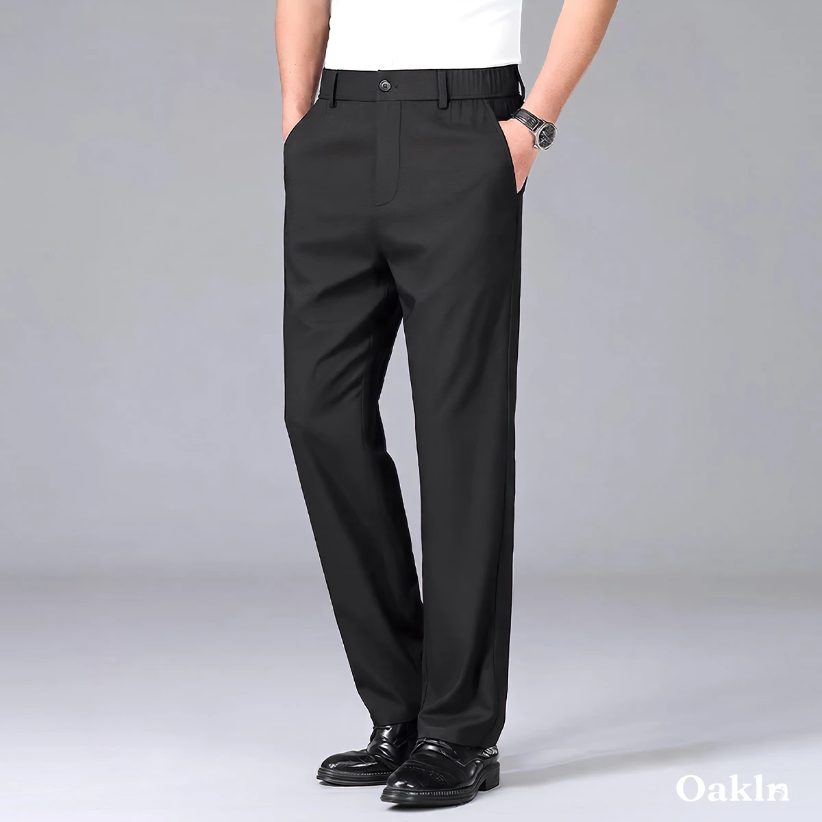 洗ってもアイロン不要 メンズビジネスカジュアルロングパンツ 落ち感あり ウエストゴム ハリのあるストレートシルエット