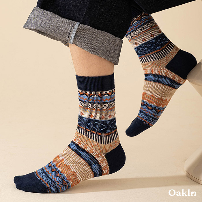 多色可選　配色エスニック柄コットンニットソックス