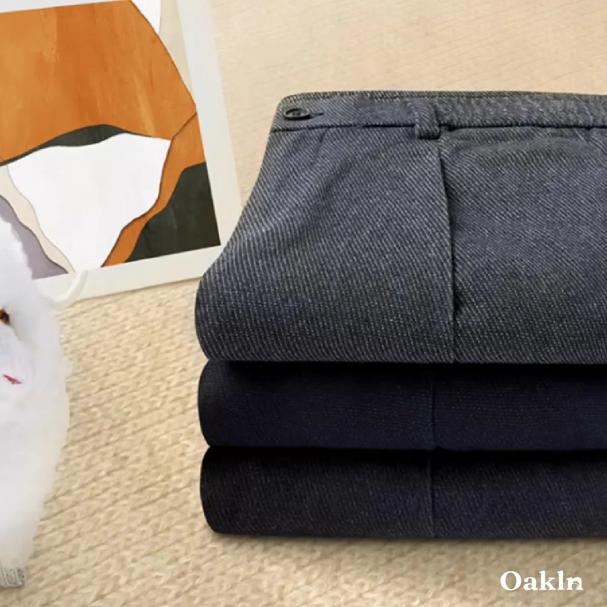 ウール混紡  イタリアン ダブルプリーツ  メンズ ウエストゴム  ハイウエストリラックスフィットスラックス-Oakln