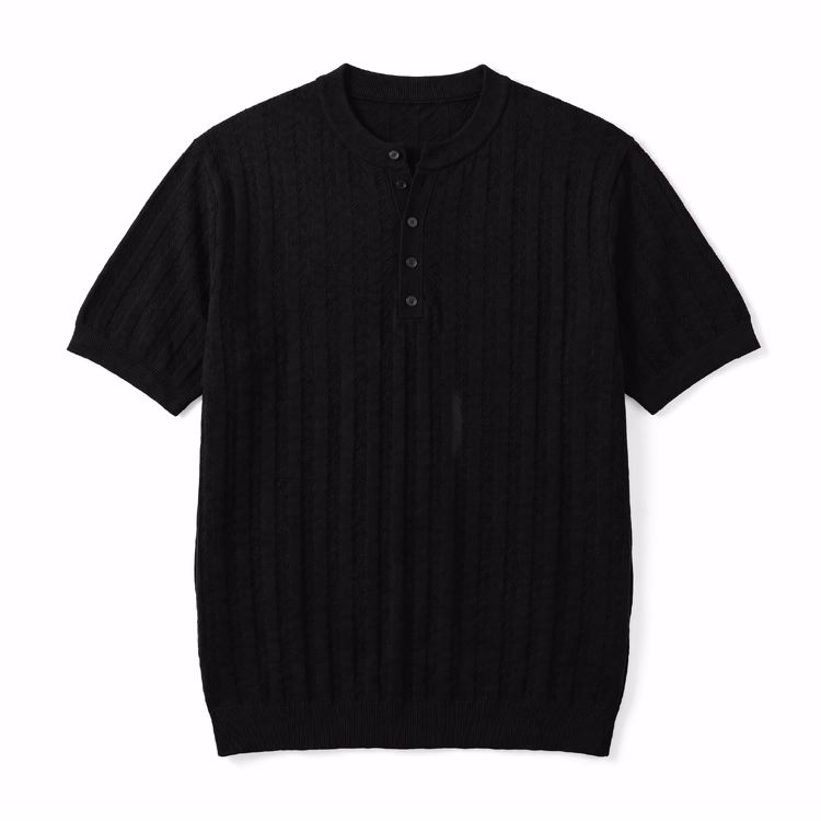 夏向け薄手仕様　レトロな透かし編みテクスチャー ヘンリーネックニットTシャツ　イージーケア シワになりにくい