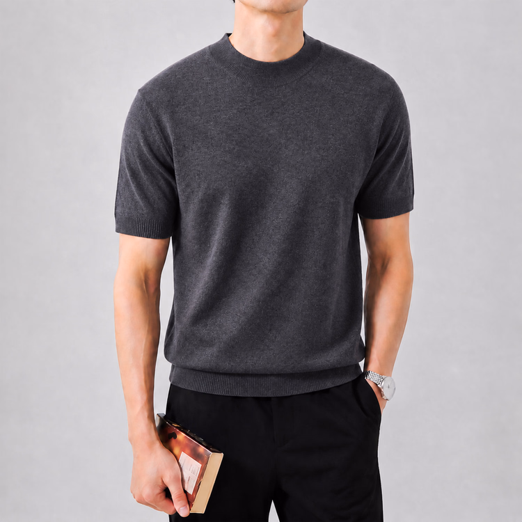 冷房対策　上品なモックネックニットTシャツ 　洗濯ネット使用で洗濯機洗い可 　型崩れしにくい