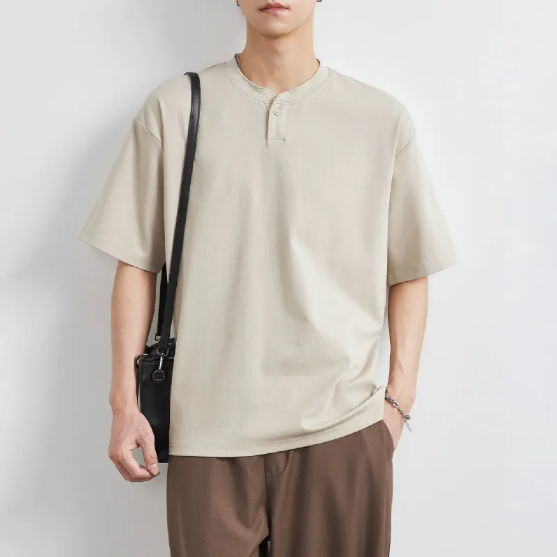 ヨレにくいヘンリーネック無地Tシャツメンズ　ゆったりシルエット