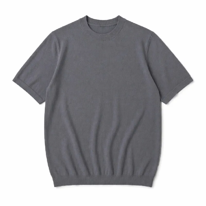 ひんやりとした着心地　12Gのハイゲージ編み　クルーネックニットTシャツ　洗濯機洗い可