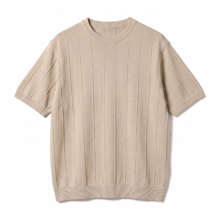 メンズ 縦畝ニット クルーネック半袖 レギュラーフィット ビジネス通勤 上質なニットTシャツ