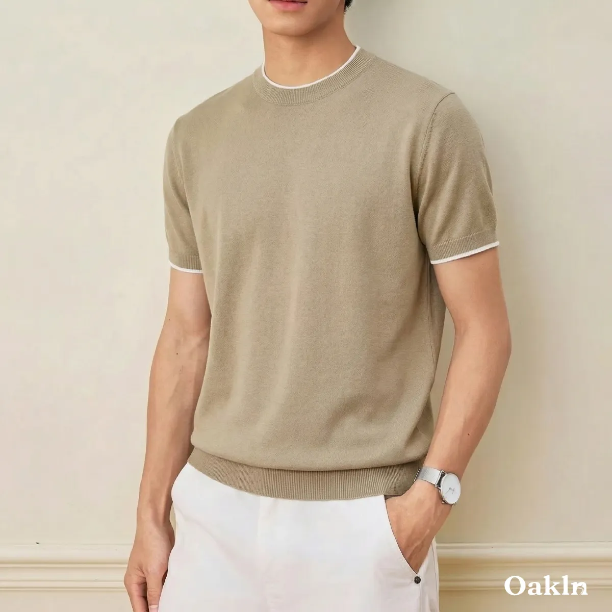 接触涼感 透けにくい メンズシルク混紡ニット-Oakln