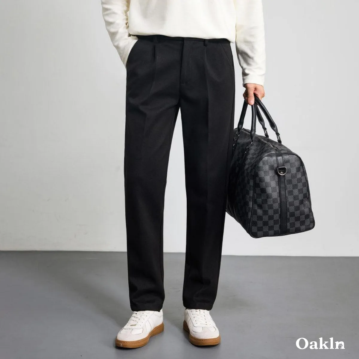 ウール混紡  イタリアン ダブルプリーツ  メンズ ウエストゴム  ハイウエストリラックスフィットスラックス-Oakln