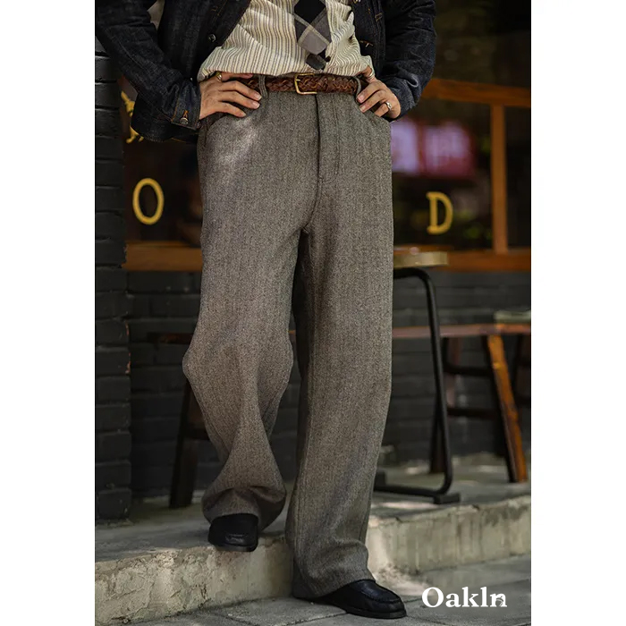 ヴィンテージカジュアル　 ヘリンボーン柄ウールスラックス-oakln