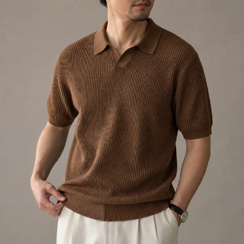 立体感のある縦畝ニット接触冷感アイスシルク キューバカラーTシャツ 洗濯機洗い可・型崩れしにくい