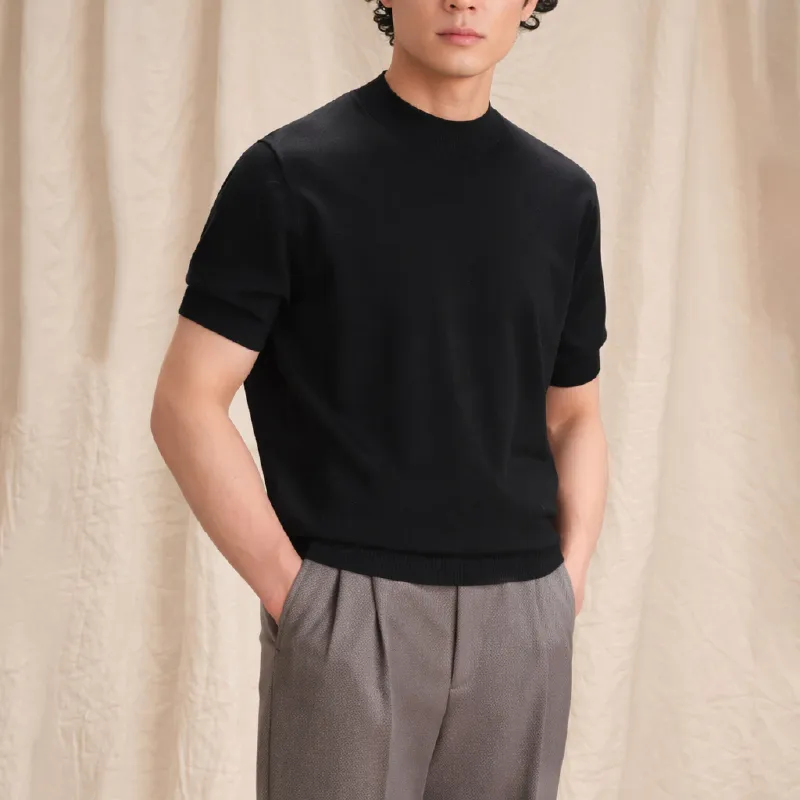 ひんやりとした着心地　12Gのハイゲージ編み　クルーネックニットTシャツ　洗濯機洗い可