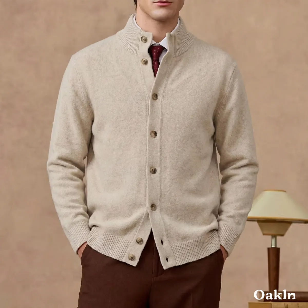 ハイネックニットカーディガン ウール混 伸縮性あり リブ袖 柔らかい-Oakln