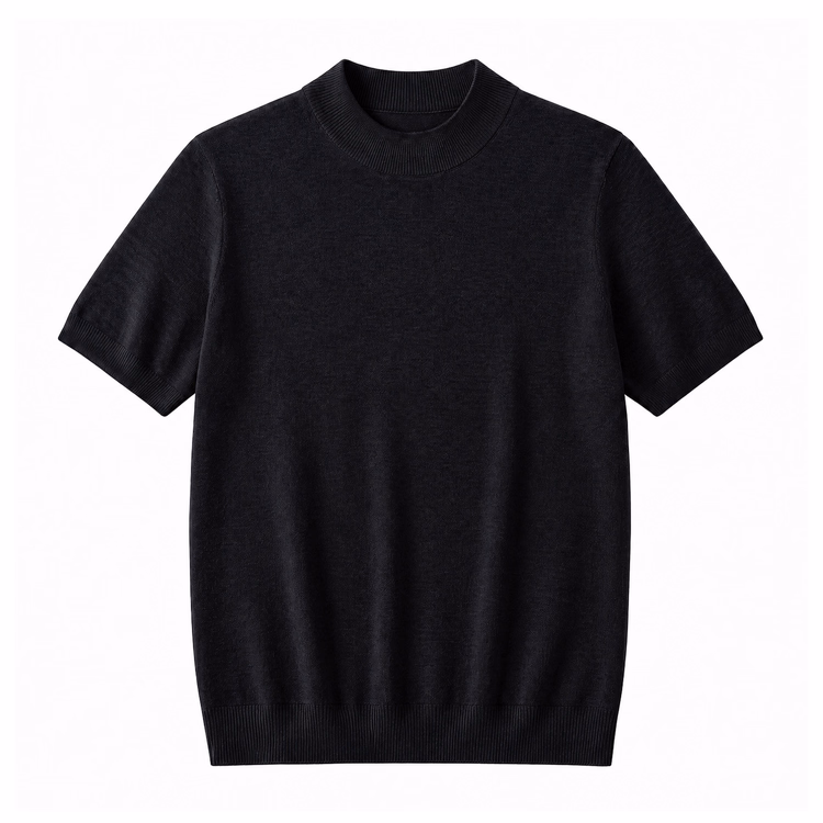 冷房対策　上品なモックネックニットTシャツ 　洗濯ネット使用で洗濯機洗い可 　型崩れしにくい