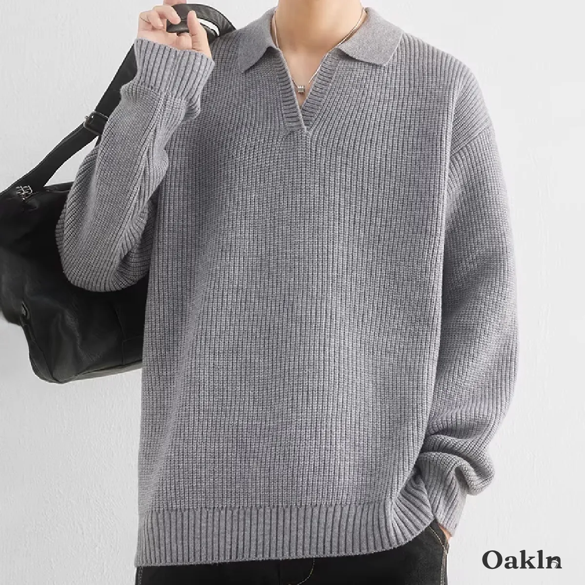 ウォッシャブル 折り襟ニット リブ 畔編み 洗濯機洗い可能 メンズ-Oakln