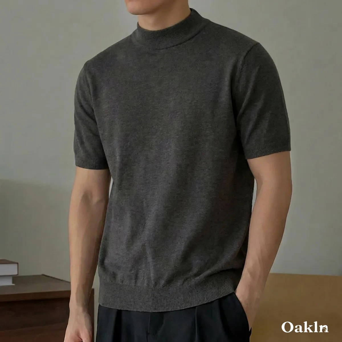 ウール混モックネック半袖ニット　ビジネスカジュアル 立体裁断-Oakln