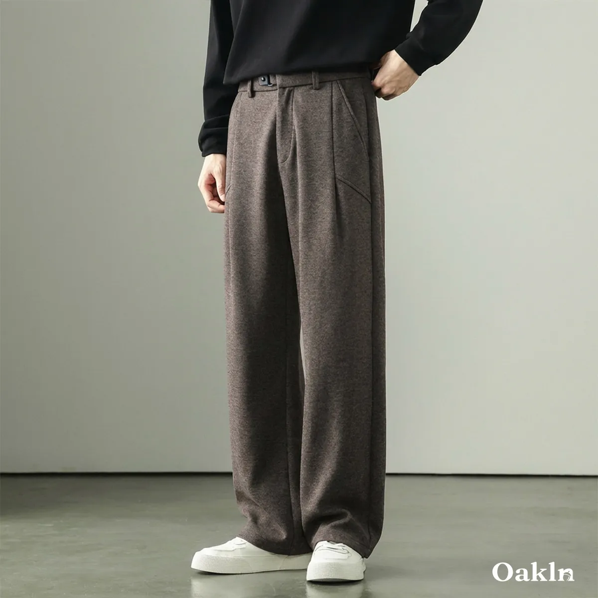 ワイドパンツ  メンズ ウール混  ストレートシルエット  スラックス  春秋冬向け -Oakln