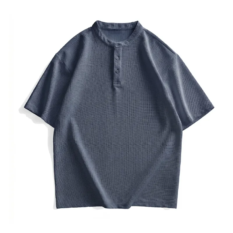 立体的なワッフル編みヘンリーネック ハリ感のある通気性抜群Tシャツ