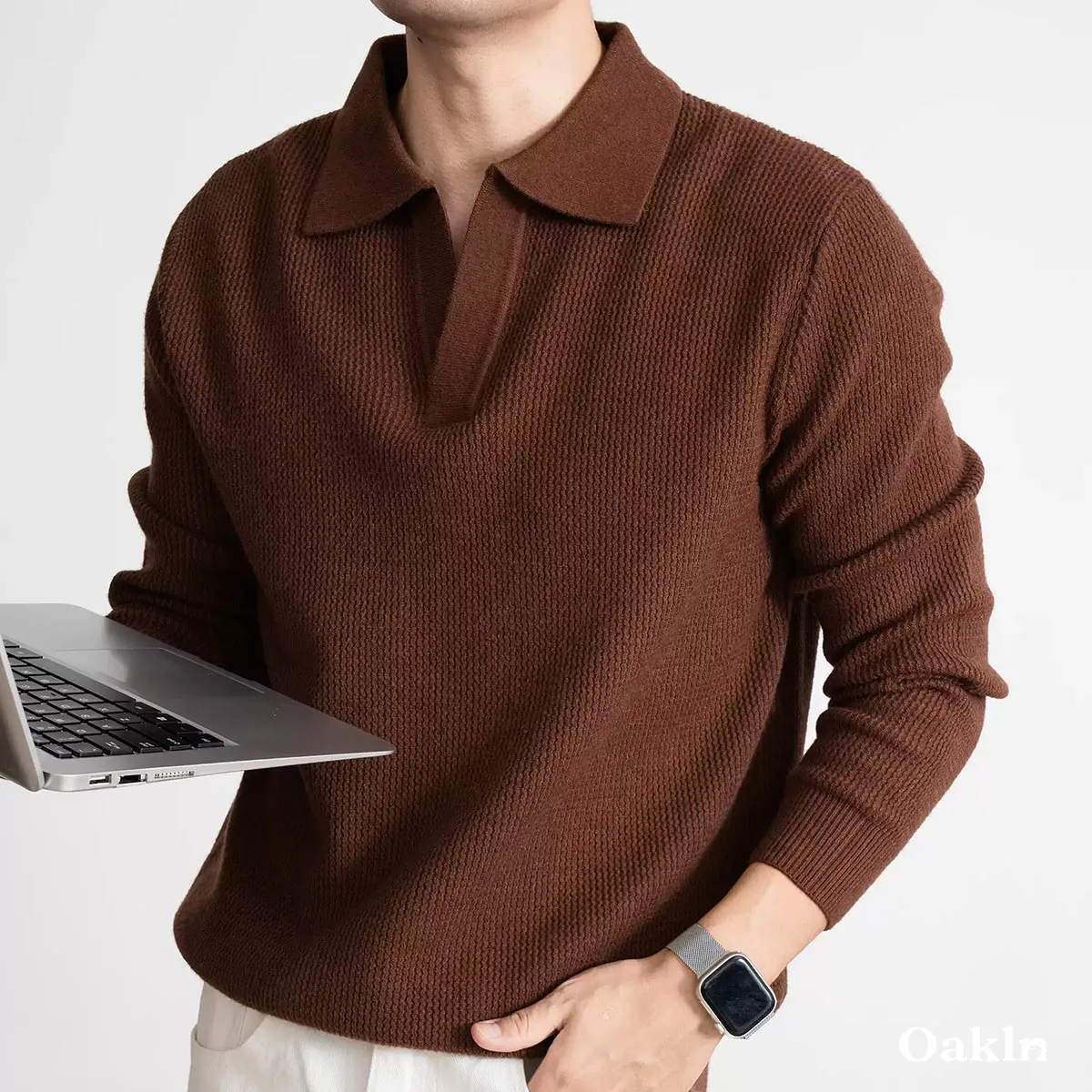  スキッパー ニット 羊毛混 鹿の子編み 襟付き ウォッシャブル ボタンレス ポロネックニット ウール混  立体テクスチャー  洗濯機対応
