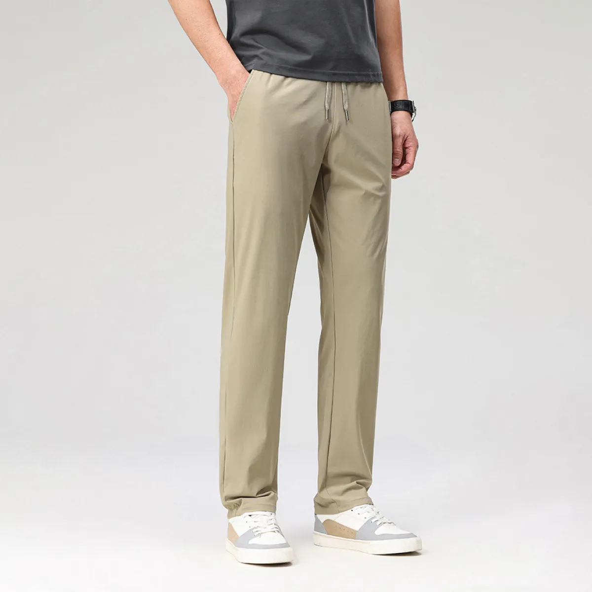 接触冷感 高伸縮 メンズ ドローストリング付き機能性通勤パンツ