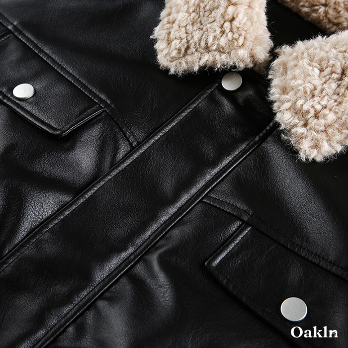 ボア折り襟　クラシックアームポケット付き中綿レザージャケット-oakln
