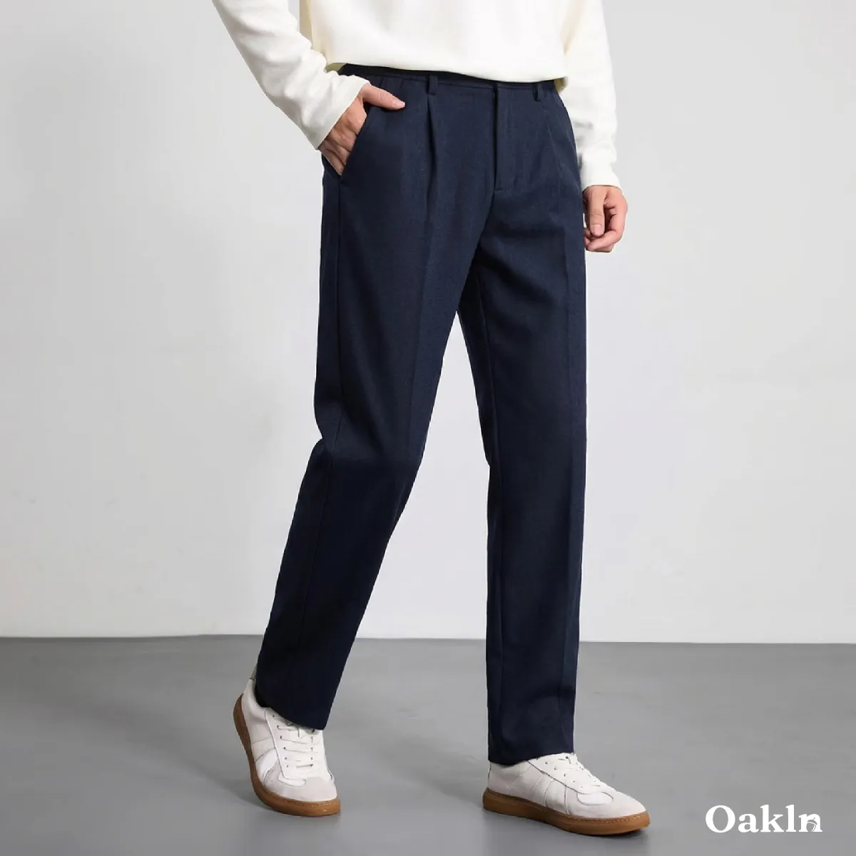 ウール混紡  イタリアン ダブルプリーツ  メンズ ウエストゴム  ハイウエストリラックスフィットスラックス-Oakln