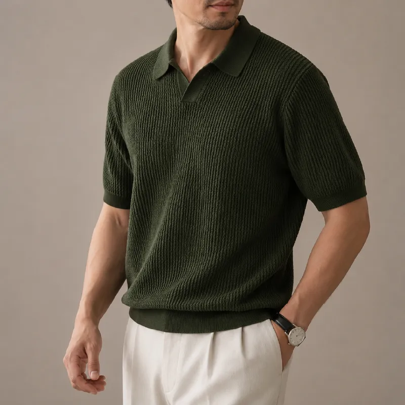 立体感のある縦畝ニット接触冷感アイスシルク キューバカラーTシャツ 洗濯機洗い可・型崩れしにくい