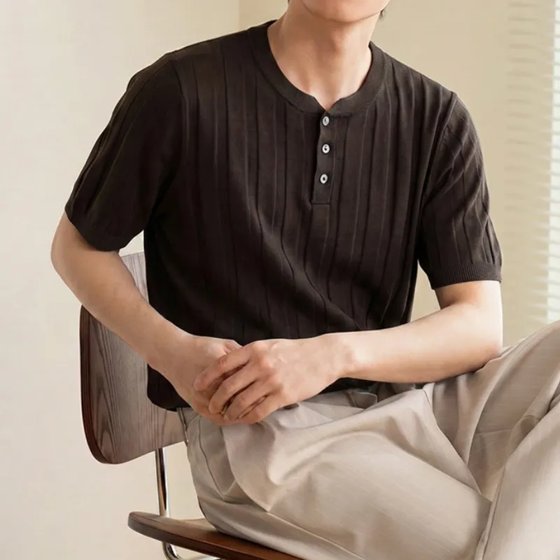 2026夏新作アイスシルクヘンリーネックニット半袖 メンズ リネン混