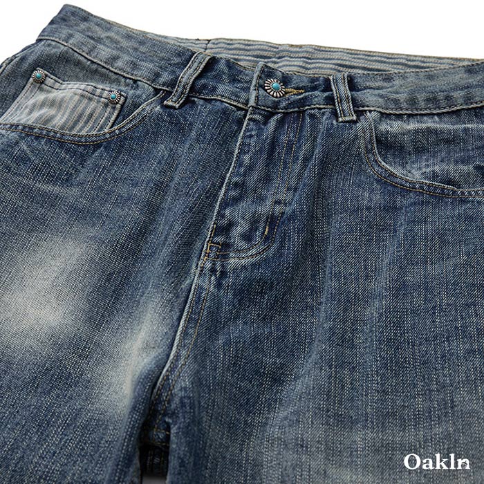 ターコイズ「Concho」ボタン付き ヘビーウェイトストレートデニム