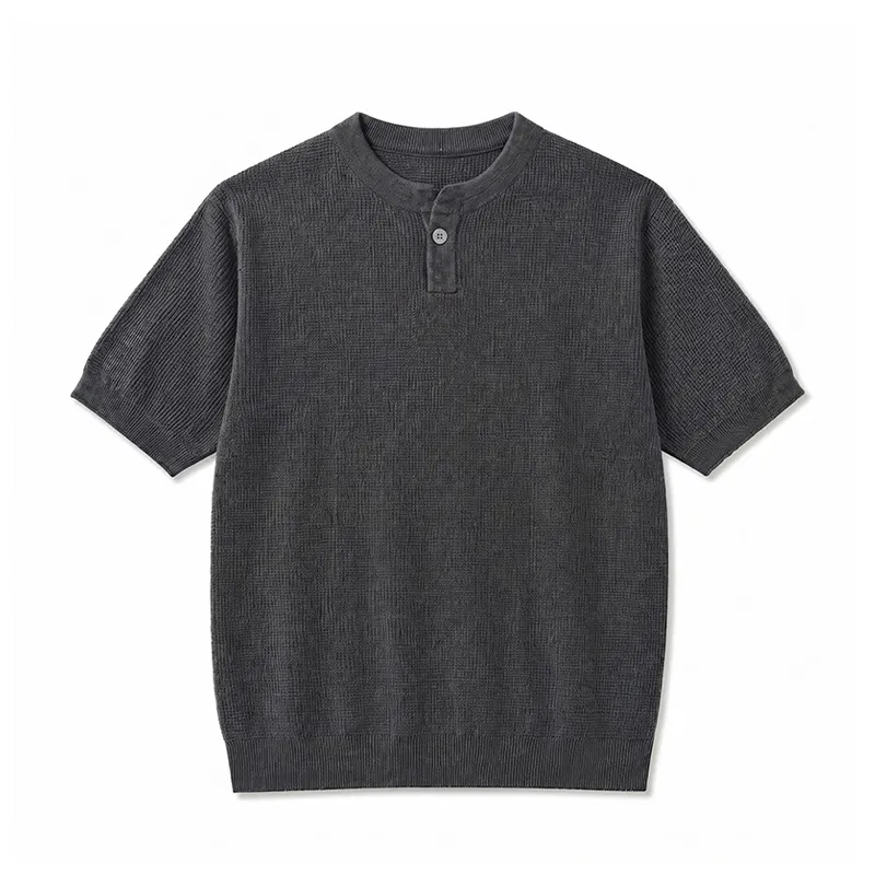 パイナップル編みでサラッとした肌触り　透けないヘンリーネックTシャツ　洗濯機で洗っても型崩れしない