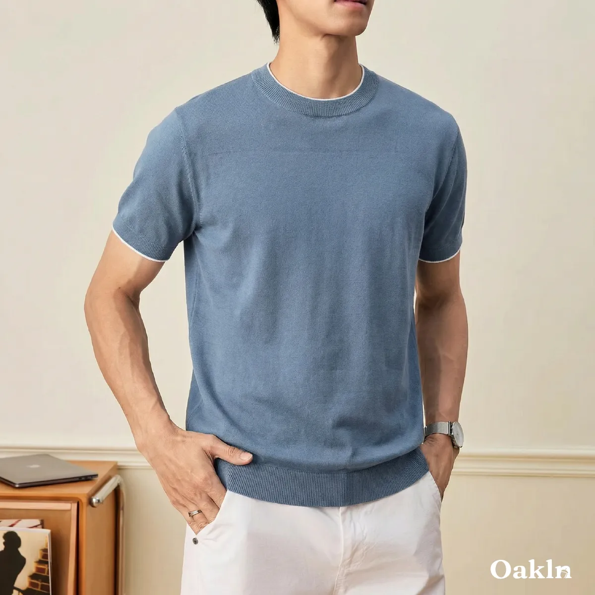 接触涼感 透けにくい メンズシルク混紡ニット-Oakln