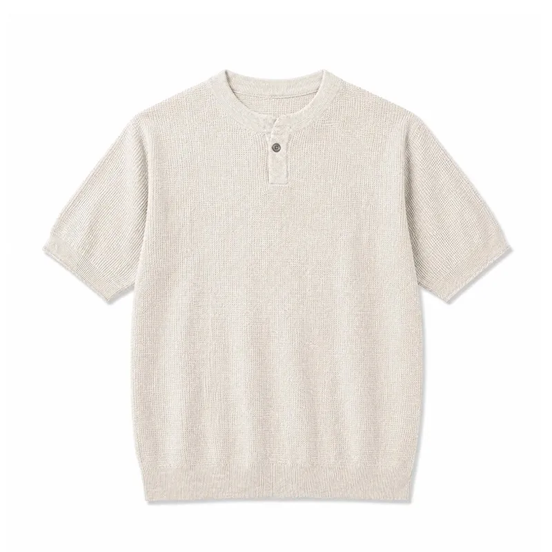 パイナップル編みでサラッとした肌触り　透けないヘンリーネックTシャツ　洗濯機で洗っても型崩れしない