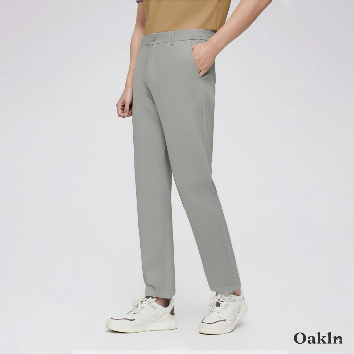 接触冷感 通気性 すっきり見え リヨセル×リネン混 カジュアルパンツ-Oakln