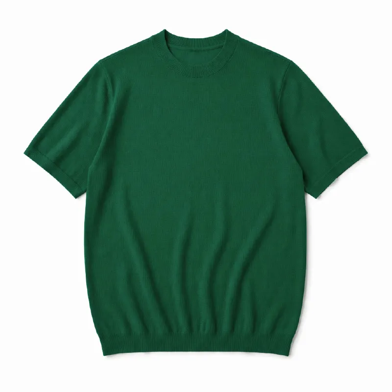 ひんやりとした着心地　12Gのハイゲージ編み　クルーネックニットTシャツ　洗濯機洗い可