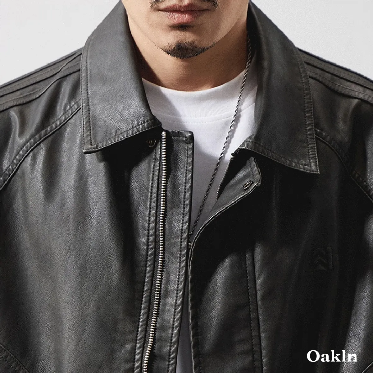 ヴィンテージ風 PUレザー 折り襟付きジャケット｜背面ステッチディテール 本体素材ゴム仕様 防風ジャケット-Oakln