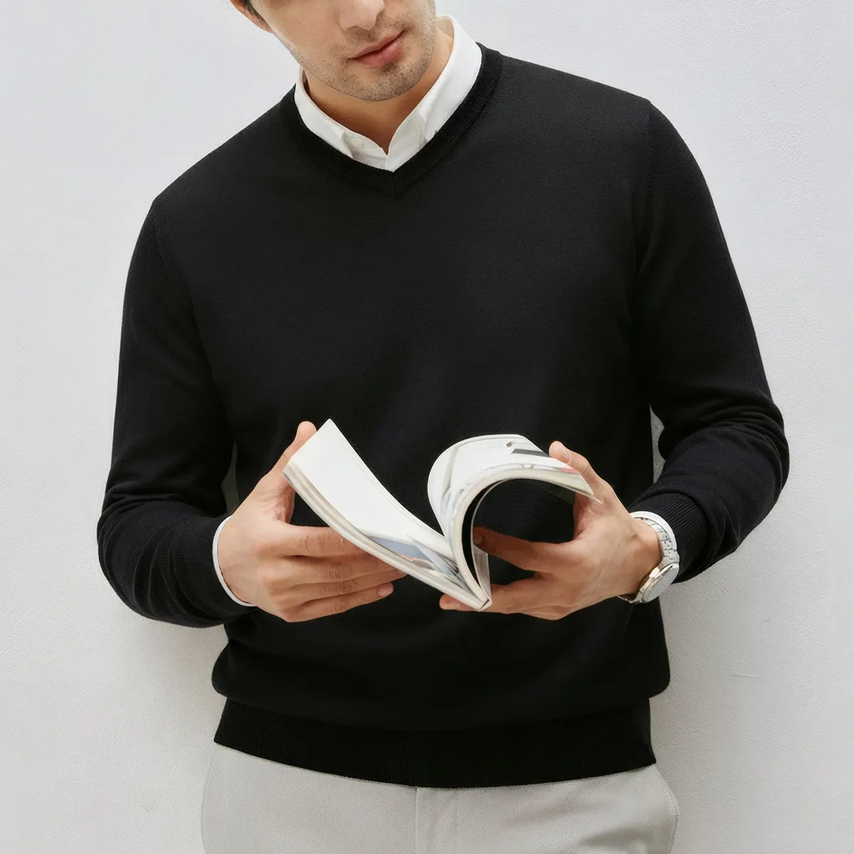 高密度 細ゲージ Vネックニット セーター ビジネスカジュアル 洗濯機洗い可能-Oakln