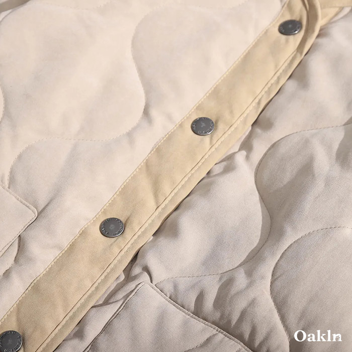 ピーチスキンノーカラー　中綿キルティングジャケット-oakln
