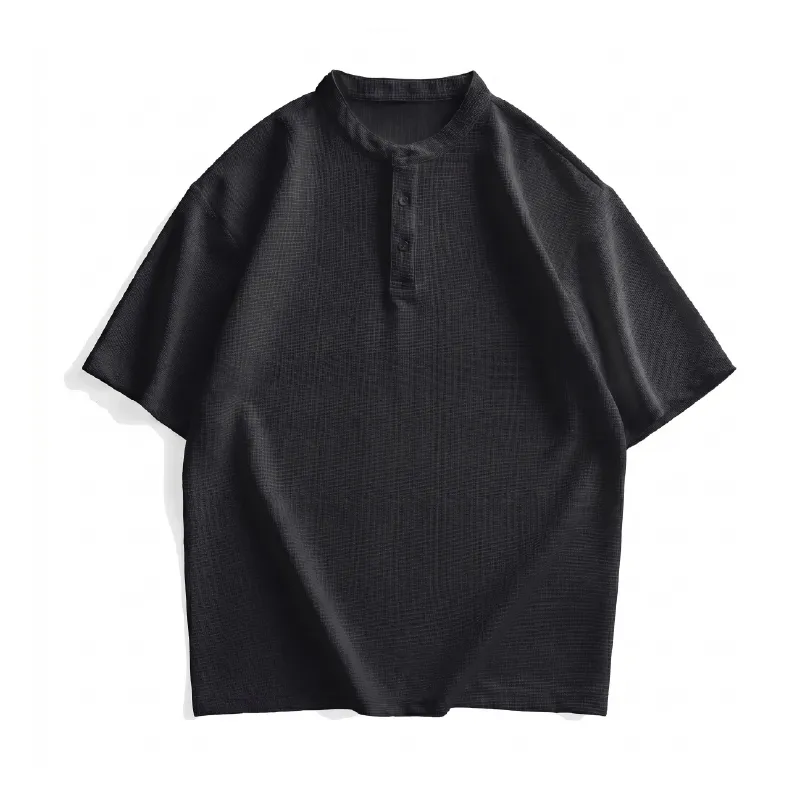 立体的なワッフル編みヘンリーネック　ハリ感のある通気性抜群Tシャツ