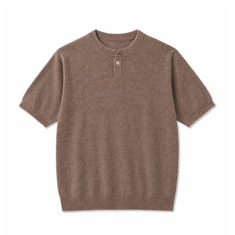 パイナップル編みでサラッとした肌触り　透けないヘンリーネックTシャツ　洗濯機で洗っても型崩れしない