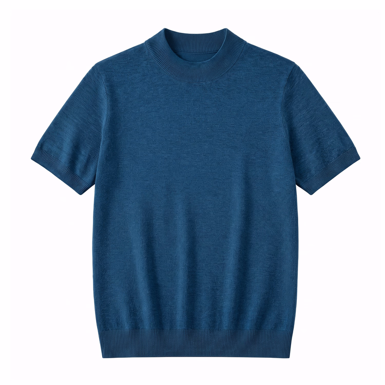 冷房対策　上品なモックネックニットTシャツ 　洗濯ネット使用で洗濯機洗い可 　型崩れしにくい