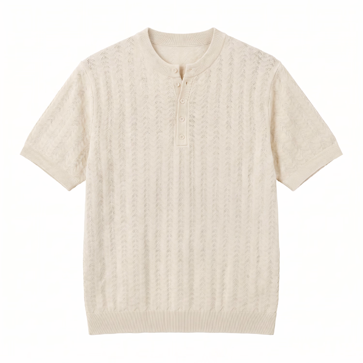 夏向け薄手仕様　レトロな透かし編みテクスチャー ヘンリーネックニットTシャツ　イージーケア シワになりにくい