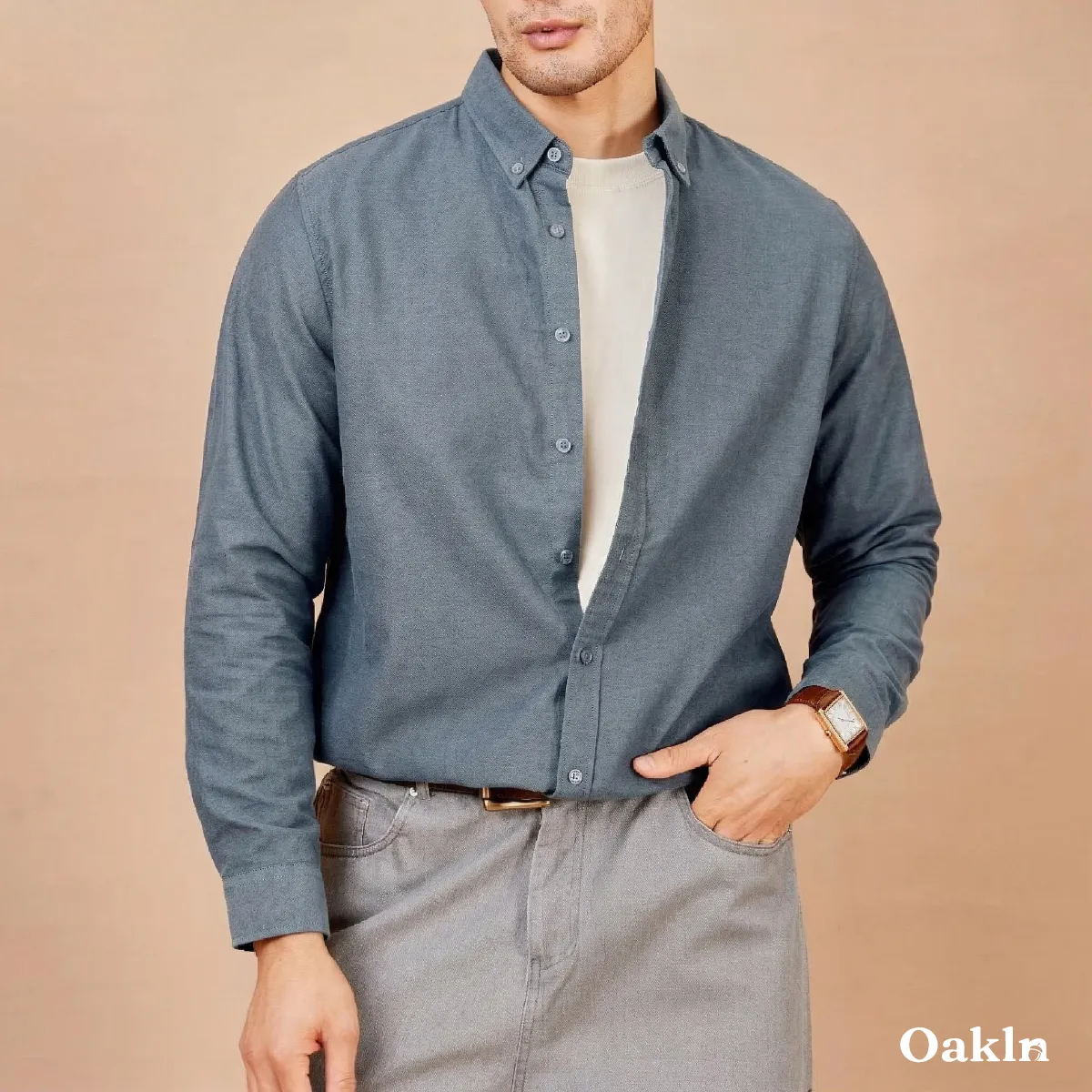 ボタンダウン　コットンリヨセル混　イージーケアオックスフォードシャツ-Oakln