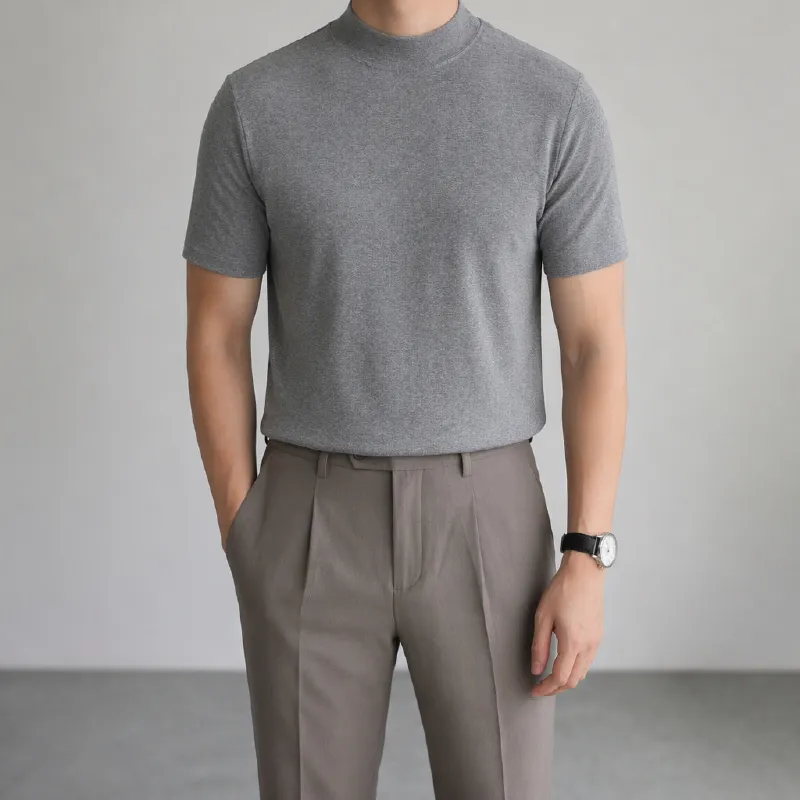 MOCK NECK SHIRT メンズ 夏 薄手ウール混 モックネック半袖Tシャツ
